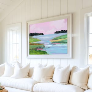 Pink and Green Coastal Landscape Painting, SallieO Seascape Pink Sky Sunset on Waterfalls Fine Art Print, Pastel Wall Art, Pink Green Blue,