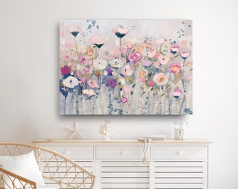 Pink Wild Flowers Painting, Rustic Chic Floral Painting, Cottagecore Floral Print, Modern Farmhouse Decor, Neutral Tone Art, Gift For Mom
