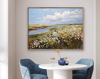 On Daisy Hill Landscape Painting Museum Quality Giclee Print on Canvas, Modern Farmhouse Decor, Wrappped Canvas Print Easy Hanging