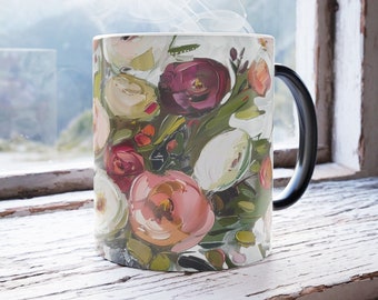 Rose Garden Cottagecore Color Morphing Mug, Heat Reactive Mug, Artisan designed Color Changing Coffee Mug, Garden Lover Gift