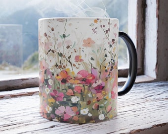 Wildflowers Cottagecore Color Morphing Mug, Heat Reactive Mug, Artisan designed Color Changing Coffee Mug, Garden Lover Gift