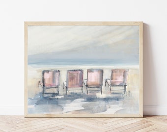 Coastal Art Seascape, Pink Beach Chairs In The Sand Wall Art, Beachy Vibe Art Prints on Paper, Modern Coastal Decor, Shore Painting