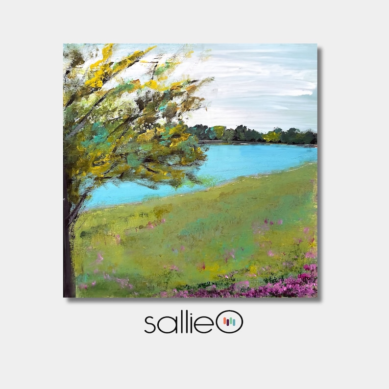 Impressionist Landscape Painting, Riverside Wall Art, Abstract Painting Giclee Square Print, 24x24, 36x36, 48x48, sallieoart, image 1