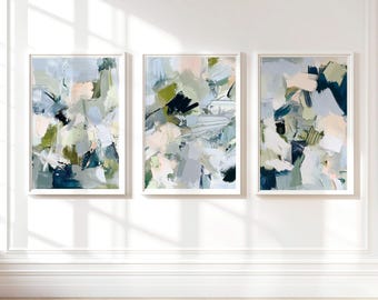Coastal Abstract Print Set of Three, Large Contemporary Nautical Artworks for Beach House, Soft Blue and Sage Wall Art