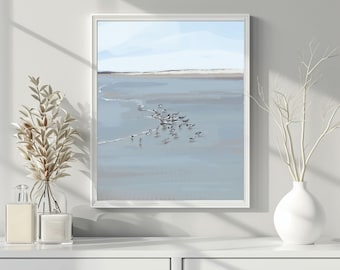 Sandpipers On The Beach Wall Art, Modern Coastal Wall Art,  Beach House Decor, Ocean scape print on Cotton Rag Paper, Vertical Seascape