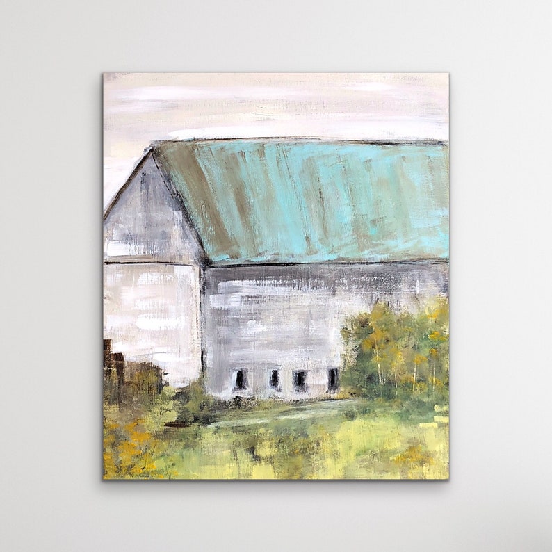 Huge Barn Art, Abstract landscape print, Barn Wall Art, Old Country Barn Painting, Giclee, Distressed Wood, Wood Wall Art image 1