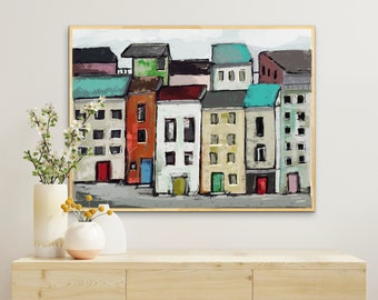 Vintage Baltimore City Art, Cityscape Art, Urban Row House Wall Art, Modern Vintage Painting, Abstract City Art, Fine Art Print, SallieO