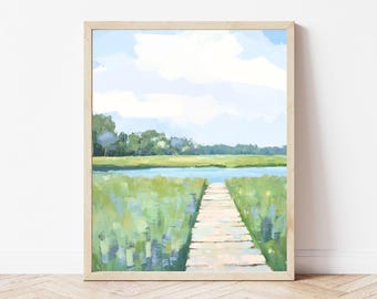 Marshland Boardwalk By the Riverbank Art Print, Soft Blue and Green Coastal Landscape Painting, Modern Coastal Decor