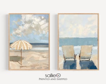 Set of Two Beach Wall Art Prints Neutral Tone Modern Coastal Paintings Summer Seaside Wall Decor, SallieO Giclee Canvas Prints