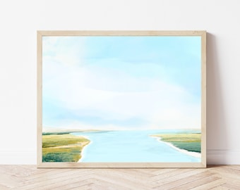 Coastal Marsh Landscape Art Print, Minimalist Seascape Painting, Soft Blue and Green Shoreline Artwork, Beach House Decor, The Quiet Passage