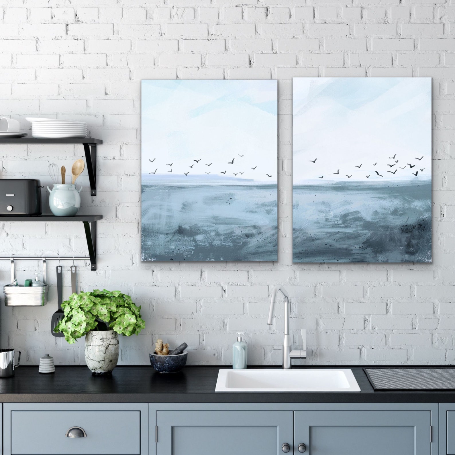Seagull Wall Art, Coastal Decor, Set of 2, Shades of Blue Beach Art ...