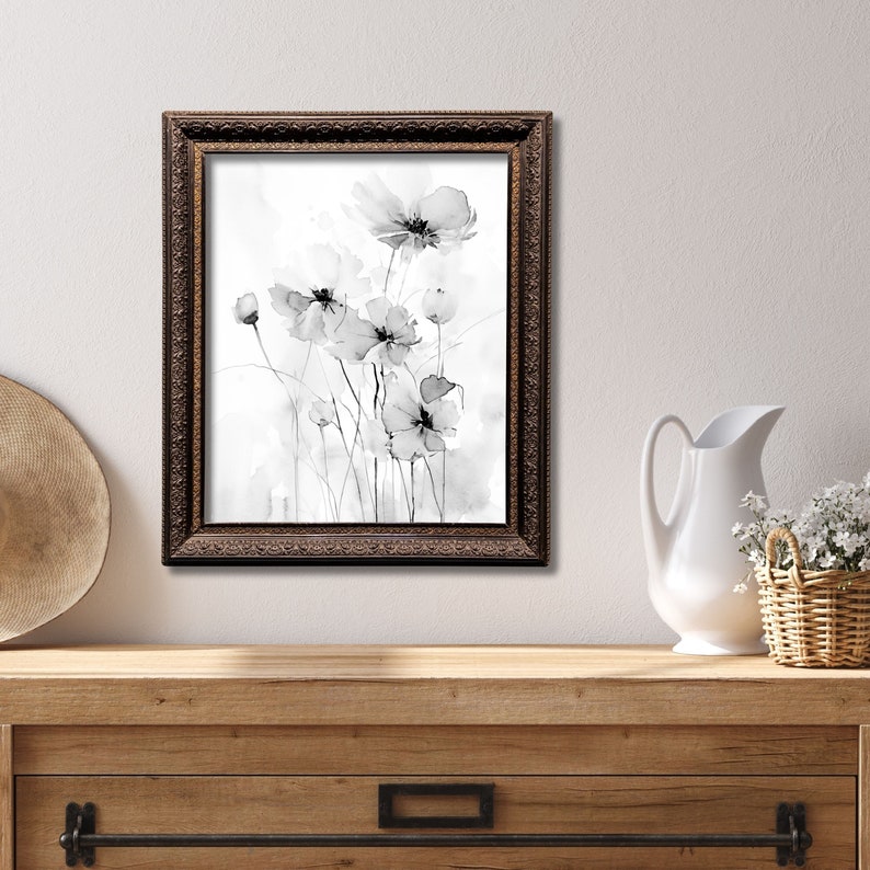 Black and White Watercolor Painting, Field of Flowers Art, Wildflower Painting, Museum Quality Giclee Print on Cotton Rag Texture Paper image 7