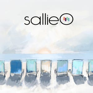 May include: An artistic rendering of a beach scene with several beach chairs in varying shades of blue and white. The word "sallie" is written in black script above the chairs, with a colorful logo to the right. The background depicts a light blue sky and ocean.
