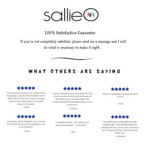 May include: White background with the Sallie logo and text. The text includes a 100% Satisfaction Guarantee and customer reviews with 5-star ratings. The reviews mention print quality and satisfaction.