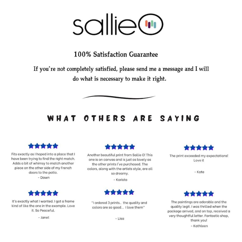 May include: White background with the Sallie logo and text. The text includes a 100% Satisfaction Guarantee and customer reviews with 5-star ratings. The reviews mention print quality and satisfaction.