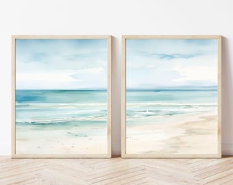 Beach Watercolor Print Set of 2 Wall Art, Coastal Nantucket Seascape, Minimal Beach Decor Art,  Museum Quality Giclee Diptych SallieO