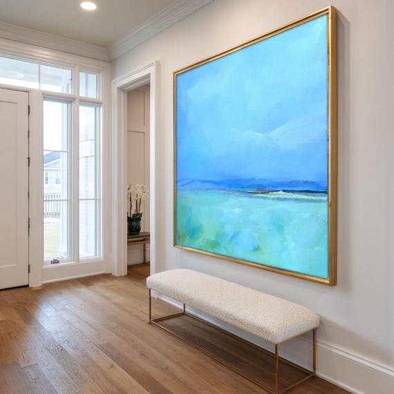 Coastal Landscape Wall Art Print in Pastel Blue and Green, Family Room Painting Gift for Coastal Art Lovers, Giclee Print