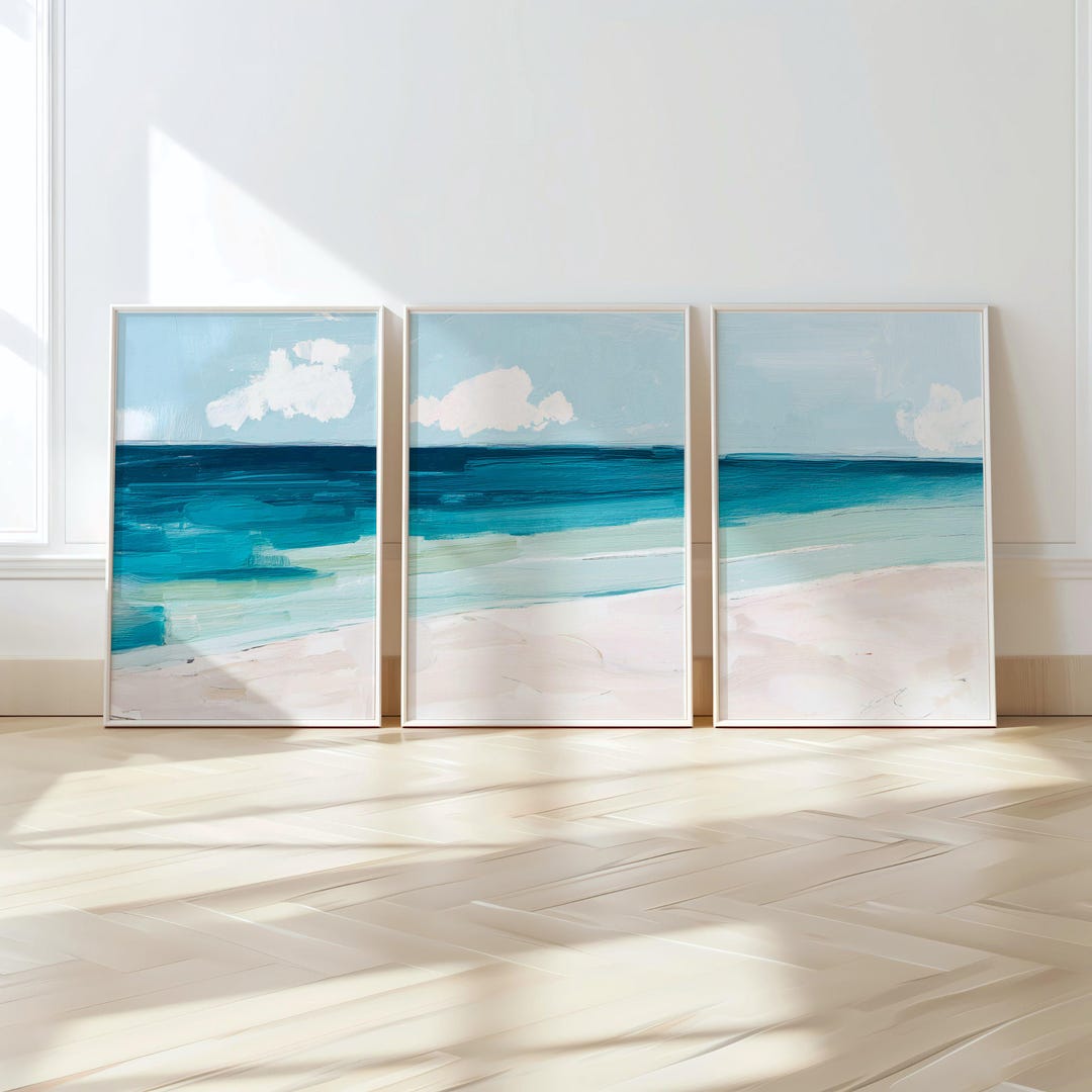 Coastal Triptych Wall Art, Abstract Ocean Seascapes Set of 3, Teal Blue ...