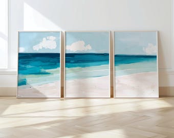 Coastal Triptych Wall Art, Abstract Ocean Seascapes Set of 3, Teal Blue Beach prints, Modern Beach House Decor, Between Tides