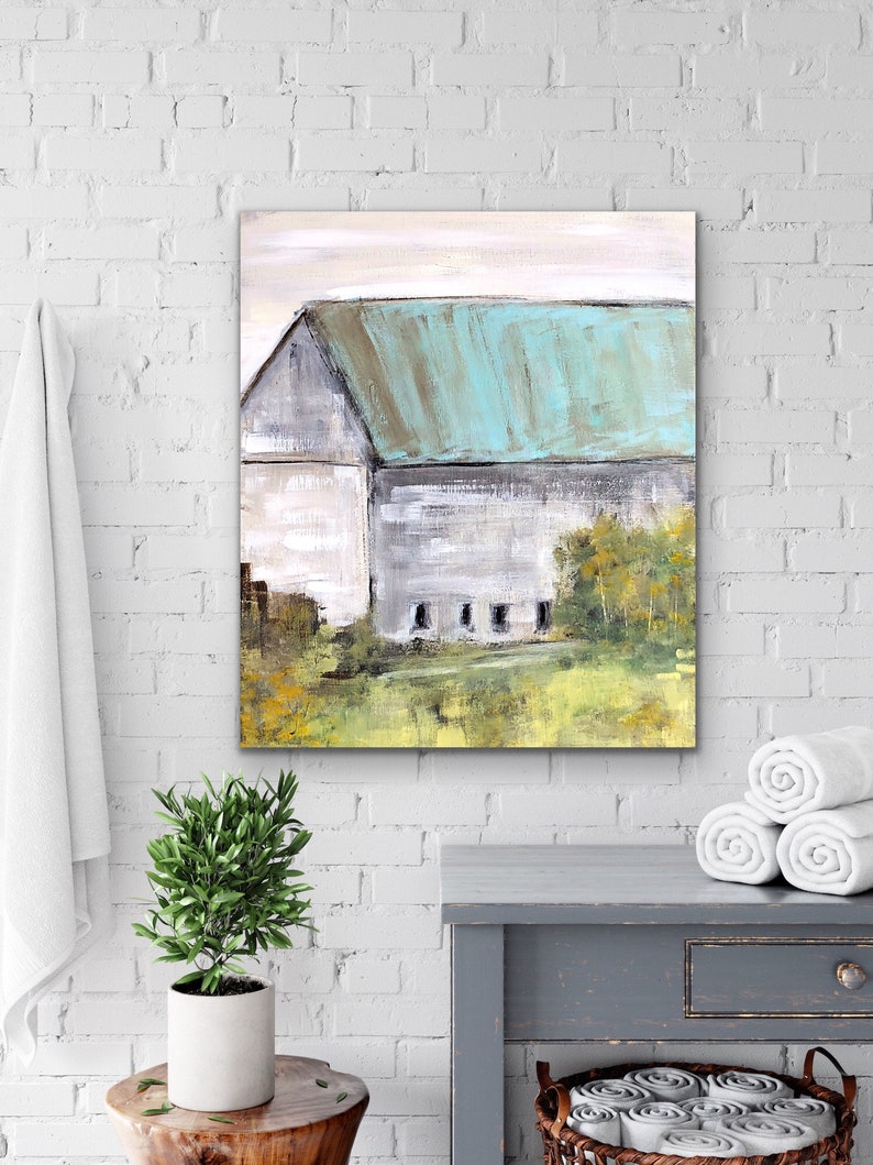 Huge Barn Art, Abstract landscape print, Barn Wall Art, Old Country Barn Painting, Giclee, Distressed Wood, Wood Wall Art image 2