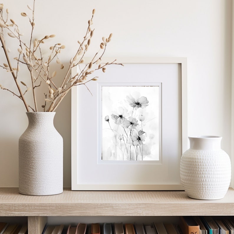 Black and White Watercolor Painting, Field of Flowers Art, Wildflower Painting, Museum Quality Giclee Print on Cotton Rag Texture Paper image 4