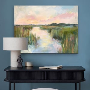 Coastal Marsh Landscape Wall Art Print, Soft Pastel Sunset Painting, Southern Nature Decor for Beach House or Lake Home, Pink and Green Art