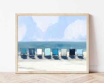Beach Chairs Wall Art, Coastal Beach Print, Minimalist Seascape Painting, Beach House Decor, Fine Art Print on Paper