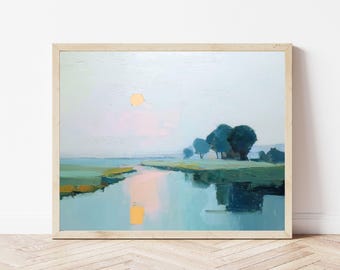 Sunset on the Lake Wall Art Print, Soft Blue Green Landscape Artwork, Abstract Impressionist Painting, The Stillness No. 1