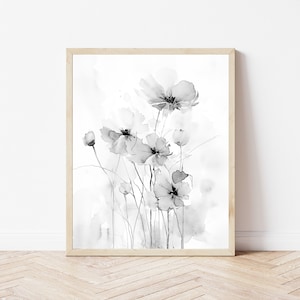 Black and White Watercolor Painting, Field of Flowers Art, Wildflower Painting, Museum Quality Giclee Print on Cotton Rag Texture Paper image 1