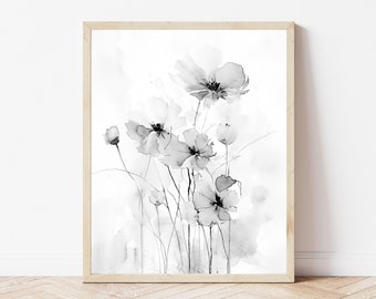 Black and White Watercolor Painting, Field of Flowers Art, Wildflower Painting, Museum Quality Giclee Print on Cotton Rag Texture Paper