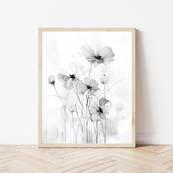 Black and White Watercolor Painting, Field of Flowers Art, Wildflower Painting, Museum Quality Giclee Print on Cotton Rag Texture Paper