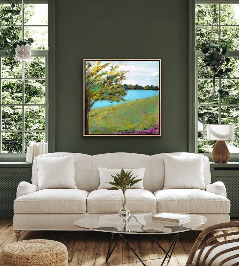 Impressionist Landscape Painting, Riverside Wall Art, Abstract Painting Giclee Square Print, 24x24, 36x36, 48x48, sallieoart, image 5