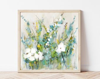 Floral Wall Art, Aqua Blue Wild Flowers Abstract Artwork, Abstract Flower Garden, Farmhouse Decor, Gicle, Floral Painting Canvas Print