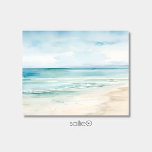 A watercolor painting of a beach scene with a blue sky, white clouds, and a turquoise ocean. The waves are crashing on the sandy shore. The painting is in a light and airy style.