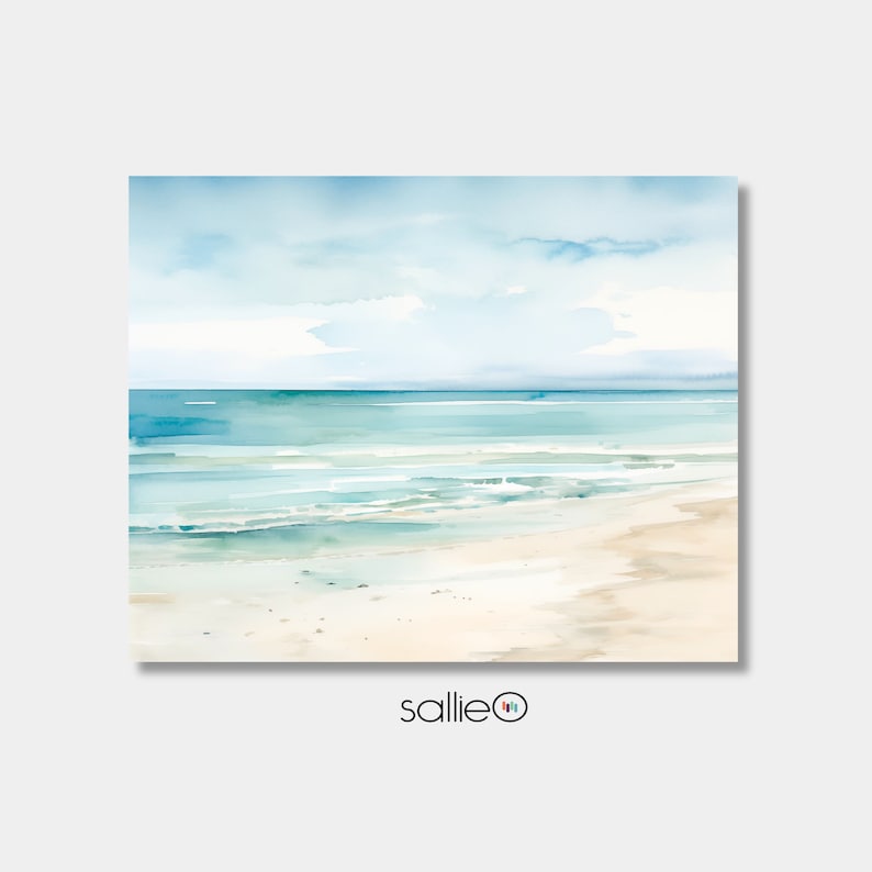 A watercolor painting of a beach scene with a blue sky, white clouds, and a turquoise ocean. The waves are crashing on the sandy shore. The painting is in a light and airy style.