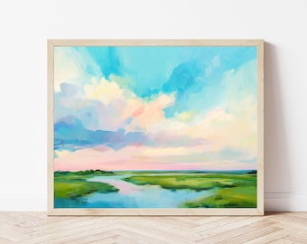 Marsh Wall Art, Colorful Shoreline Landscape Painting, Modern Coastal Decor, Large Wall Art, Museum Quality Canvas Print