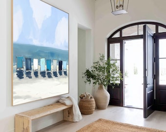 Blue Beach Chairs Wall Art Print, Modern Beach House Decor, Abstract Seascape Artwork, Wrapped Canvas with Floating Frame Option