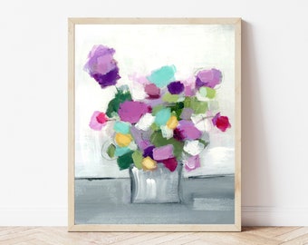 Floral Wall Art, Colorful Flower Painting, Bucket of Flowers Fine Art Print, Pink, Purple, Turquois, Yellow, Green, Spring Basket