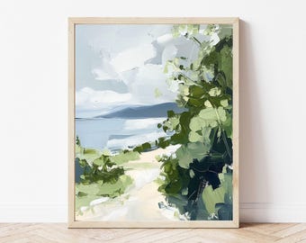 Ocean Shoreline Art Print, Beach Landscape Wall Art, Neutral Tone Coastal Painting, SallieO