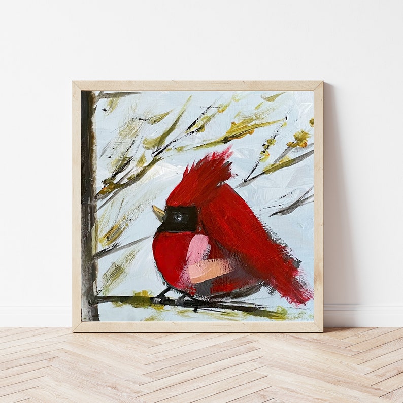 Cardinal Bird Art, Red Cardinal Print, Modern Farmhouse Art, Bird Lover Art, Gift for Bird Lover, Bird Collectors, Original Art by SallieO image 1