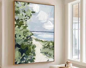 May include: A large rectangular wall art piece featuring an impressionistic landscape painting. The artwork displays a sandy path winding through lush green foliage toward a calm blue sea under a sky filled with soft, white, textured clouds.