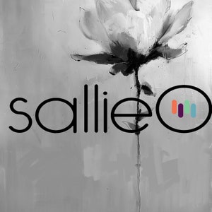 A grayscale image featuring a stylized flower painting with the text 'sallieO' overlaid. The 'O' in 'sallieO' incorporates a small, colorful, vertical bar graph icon. The overall style is modern and minimalist, suitable for a music or audio-related brand or product. The color palette is primarily grayscale with accents of coral, purple, and teal in the icon.
