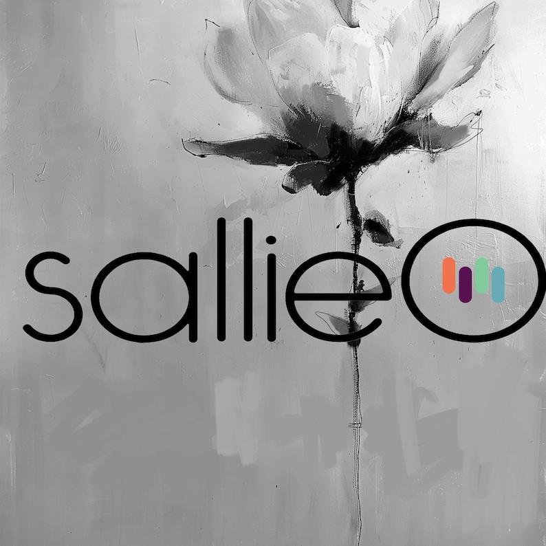 A grayscale image featuring a stylized flower painting with the text 'sallieO' overlaid. The 'O' in 'sallieO' incorporates a small, colorful, vertical bar graph icon. The overall style is modern and minimalist, suitable for a music or audio-related brand or product. The color palette is primarily grayscale with accents of coral, purple, and teal in the icon.
