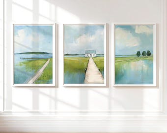 Set of 3 Marsh Landscape Wall Art Prints, Blue and Greean Modern Coastal Artworks
