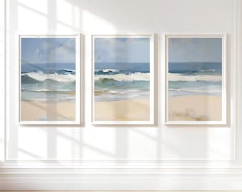 Set of 3 Beach Wave Wall Art Prints, Coastal Decor Artwork Prints, Family Room Art, Beach House Gift, Ocean Art, Canvas Prints