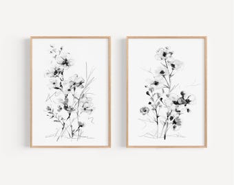 Black and White Floral Wall Art Print Set - Minimalist Botanical Home Decor - Modern Monochrome Artwork - Set of 2 Prints by SallieO
