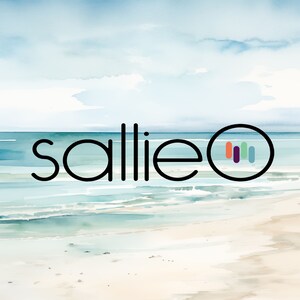 A watercolor illustration of a beach scene with a blue sky and ocean. The word 'sallie' is written in black text on the ocean and a circle with a colorful equalizer graphic is to the right of the word.