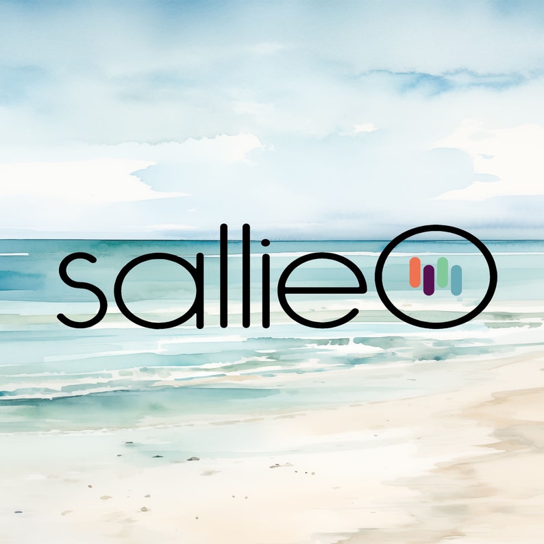 A watercolor illustration of a beach scene with a blue sky and ocean. The word 'sallie' is written in black text on the ocean and a circle with a colorful equalizer graphic is to the right of the word.