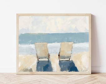 Beach Chairs Wall Art Print Coastal Landscape Painting Modern Beach Decor Neutral Tone Beach Vibe Artwork Peaceful Seaside Print