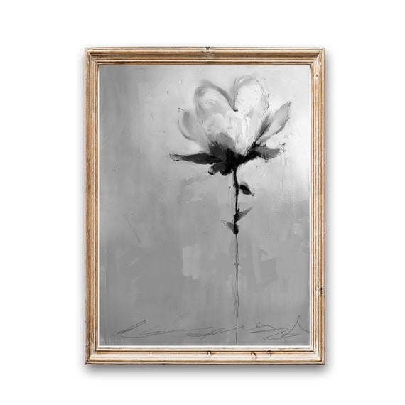Black and White Watercolor Floral Painting, Single Flower Abstract Art, Museum Quality Giclee Print on Cotton Rag Texture Paper, Reflection